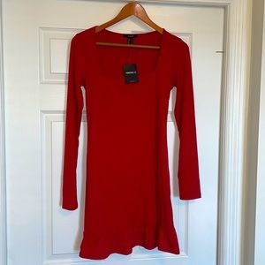 NWT Red Long sleeve dress with square neck and ruffle skirt bottom